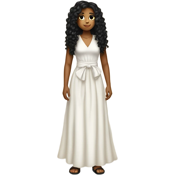 Tan girl with black long curly hair and white tied dress full body emoji