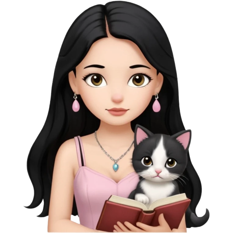 Menina branca ,cabelos pretos longos, olhos pretos puxados para cima. Cílios longos, lábios grossos ,nariz pequeno ,vestido rosa claro de alça. Colar e brinco bem pequeno. Lendo um livro com gatinho preto e branco. emoji