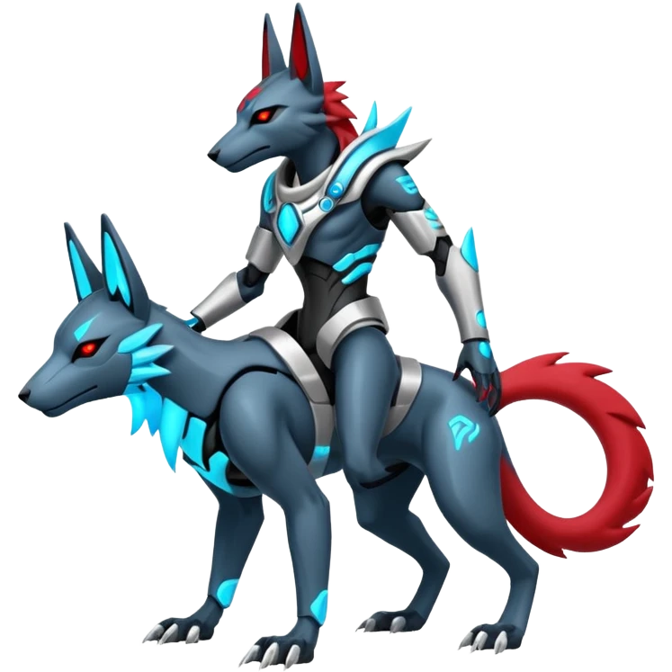 White and blue and cyan and red cyberpunk intricate neon glowing grey white futuristic cyborg-Anubis-Zeraora-Zoroark-fusion (full body) emoji