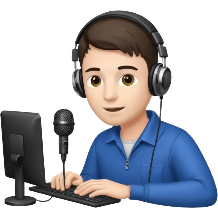 Man with headphones and microphone with computer. Operator emoji