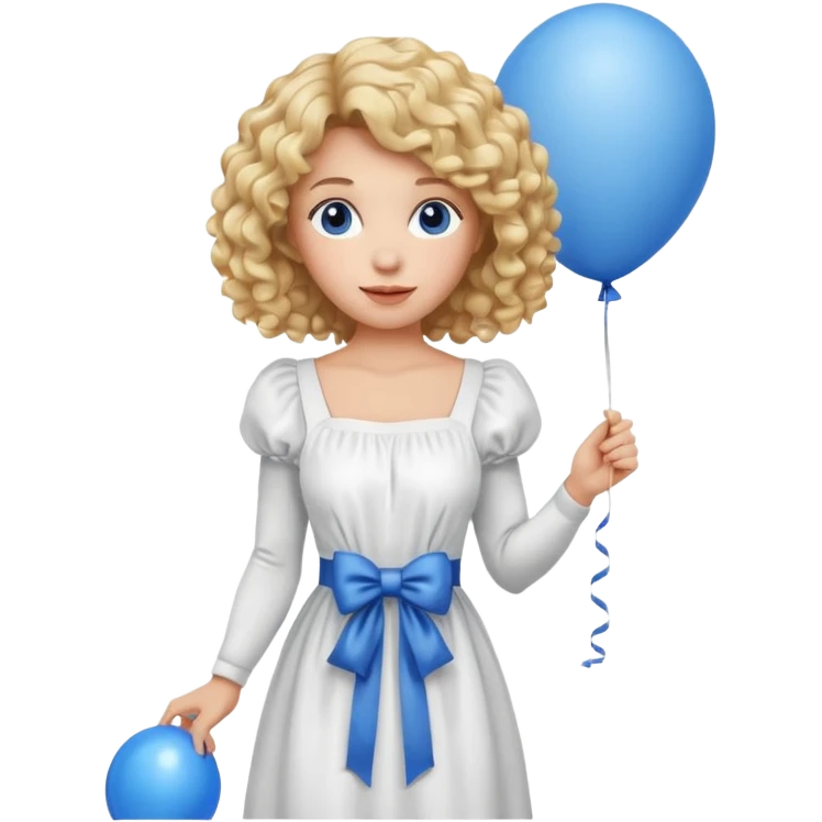 Woman curly blonde with blue balloon, white dress emoji