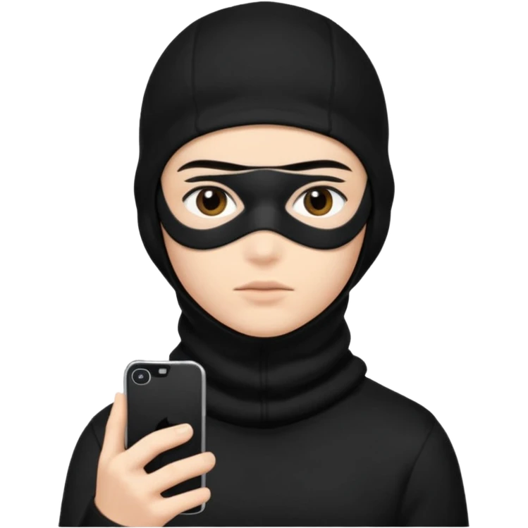 Junge mit Sturmhaube handy in der hand komplett schwarzes outfit und augenbraun gut emoji