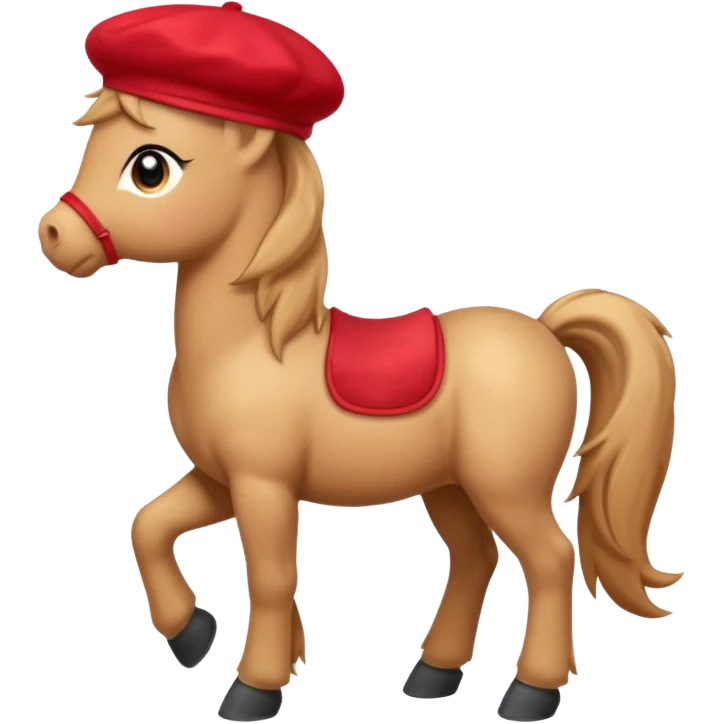 Adorable cartoon pony (small horse) emoji, full body, standing in profile view facing sideways. It has big, sparkling eyes and a friendly smile. It is wearing a cute red beret tilted to one side.  emoji