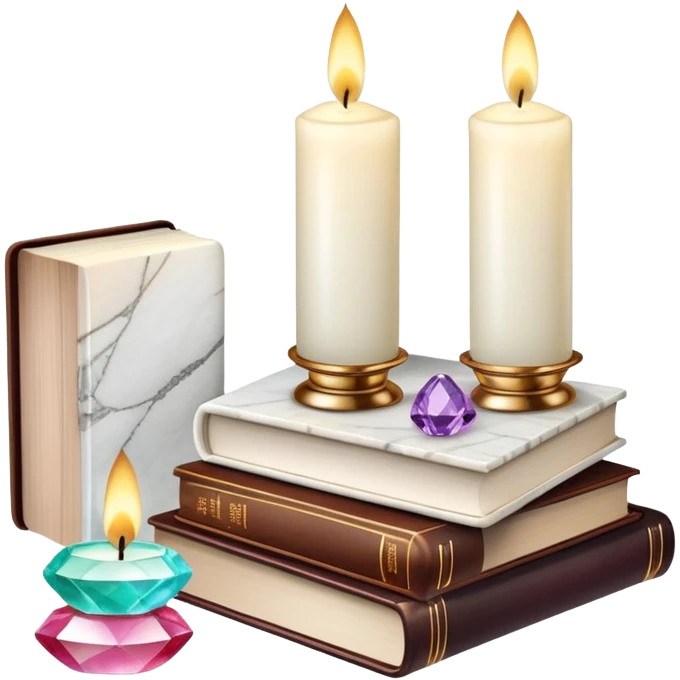 Aesthetic candles, flower petals, books, marble stand, gemstones emoji