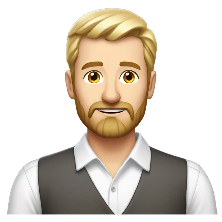 middle aged english man, short slicked back hair blonde, blonde medium length size full beard, eyesbrows not raised, in a smart white unbuttoned shirt. emoji