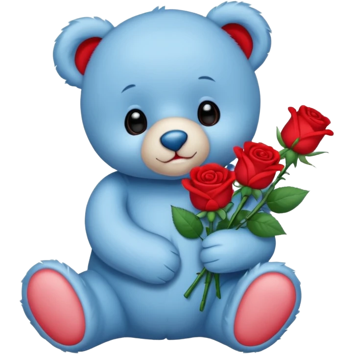 cute blue baby teddy bear holding roses  emoji