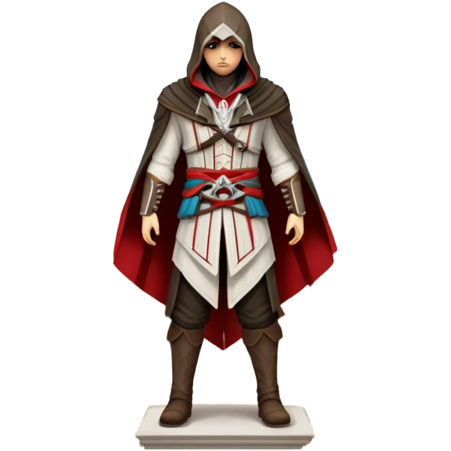 icon featuring Assasin's Creed in an iconic assassin's hood, standing tall against the backdrop of Florence. The design captures the essence of adventure, with intricate details of historical architecture and a sense of mystery. The character is poised, ready for action. transparent background. emoji
