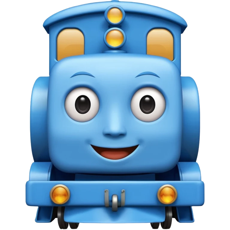 An square blue train with a human face at the front emoji