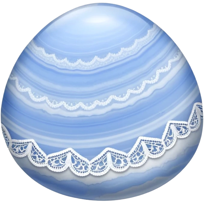 Blue lace agate cabochon with delicate pale blue and white lace-like bands in a smooth polished dome emoji