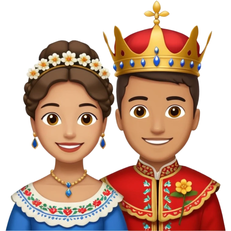 handsome young man next to the Queen of the Huerta 2024 in Murcia, both smiling, wearing traditional Murcian costumes with huerta flowers emoji