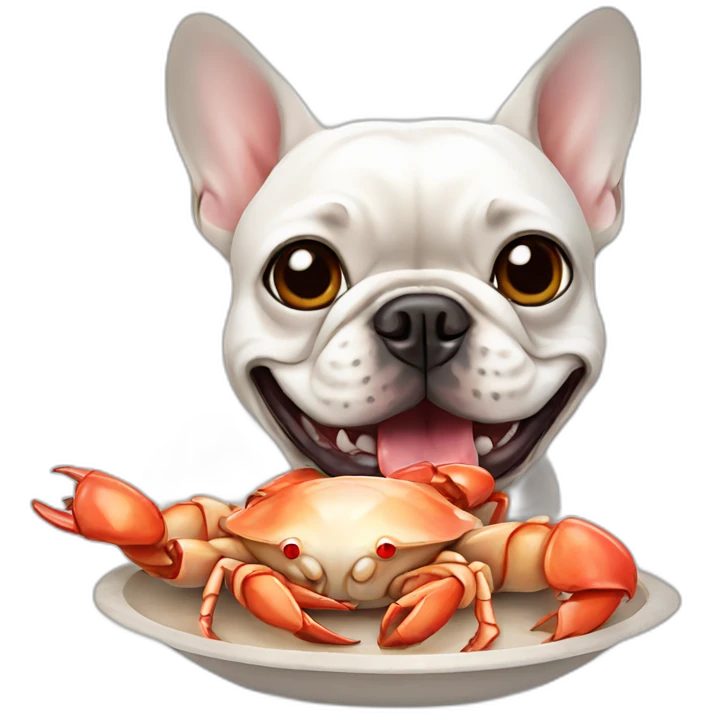 white FRENCH BULLDOg eating crab emoji