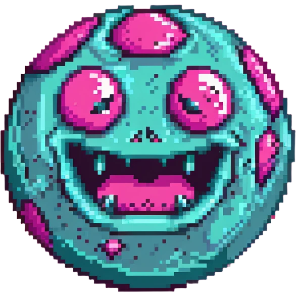 bright pink planet with darker pink spots and an angry face with gritted teeth emoji