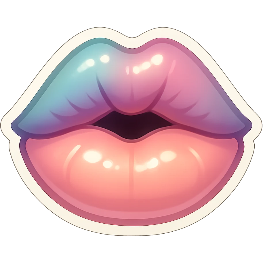 Lips with a half-open mouth kissing the screen, facing straight forward, clear color transitions from light to dark, expressive shadows and highlights, retro stickers style, thin clean contours, soft rounded shapes, pastel palette #98B5BC, #B5B3C1, #C9A3C9, #E4C0CA, #F7DCD1, #F7C0AA, transparent background, no decorative elements. emoji