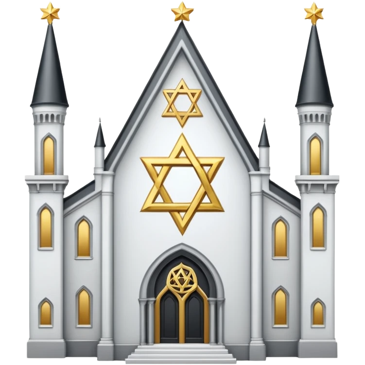 reform jewish synagogue similar in architecture to historical religious architecture in europe. the building should be white with silver/golden features, gothic architectural elements and star of david. no crosses. the emoji should be in ios emoji style. emoji