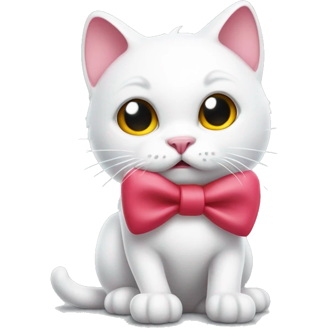A white cartoon cat h k with a red bow on its left ear, looking unwell, a pink liquid out of his mouth emoji