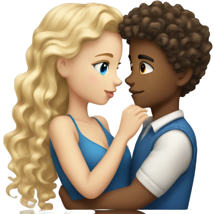 blonde blue eyed girl kissing mixed boy with curly brown hair emoji