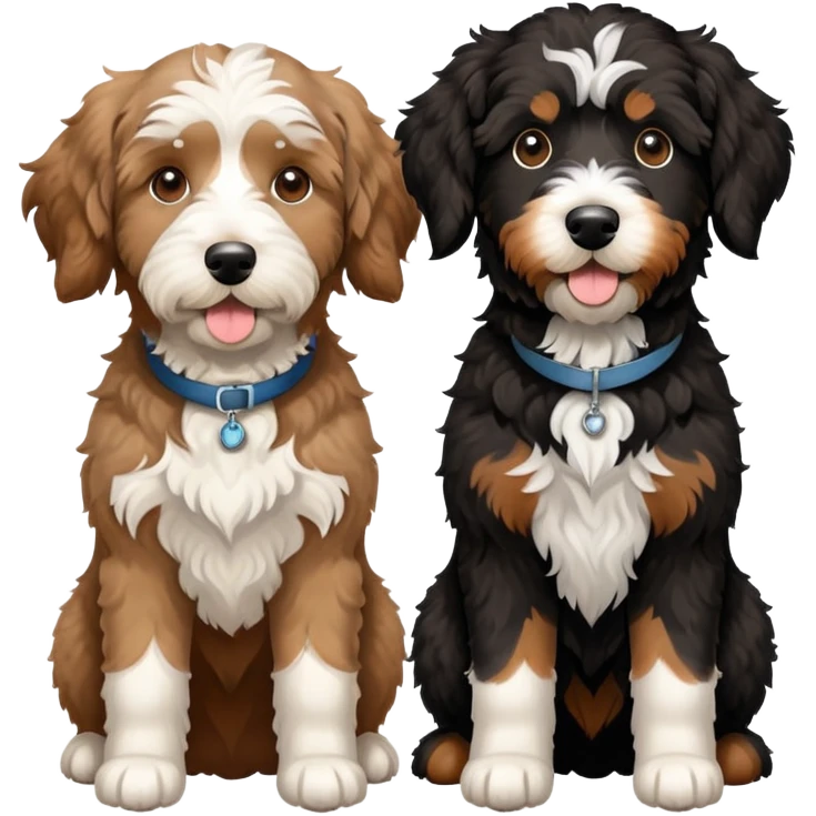 2 dogs: one light brown Aussiedoodle, one all-black Bernedoodle with white eyebrows some white markings, no brown coloring. Both same size. emoji