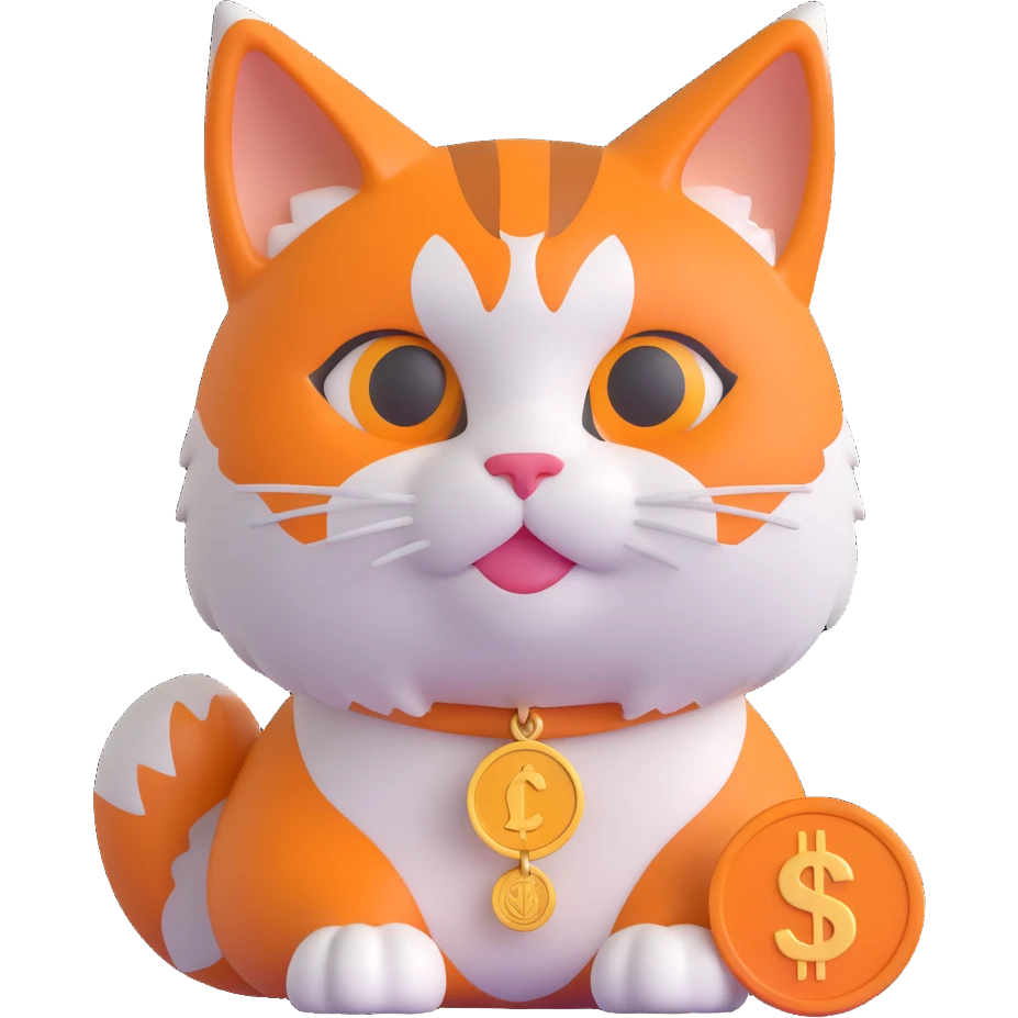 playful and bold cat inspired by the Bitcoin logo, orange and white colors, with a coin motif emoji