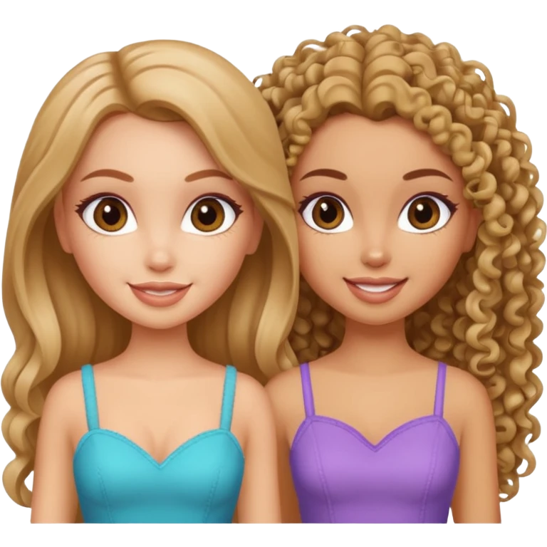 2 pretty bratz fair girls. One has straight hair and is tan. One is fair with curly hair emoji