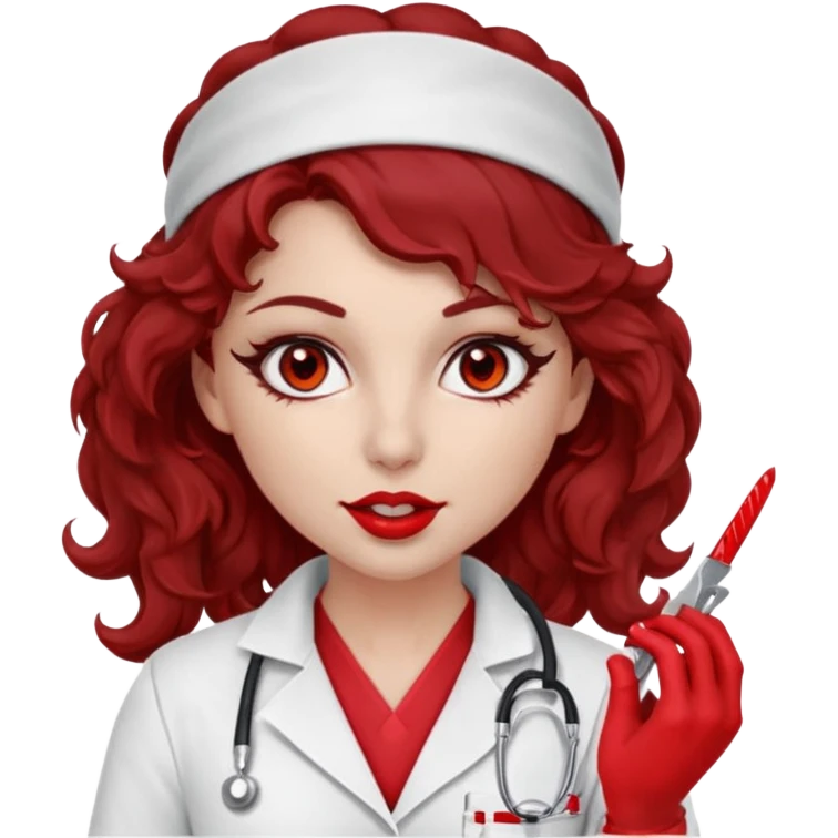 Lilith scalpel in hand, evil surgeon sexy surgeon clothes.  She has red eyes. Dark brown curly hair. Wears sexy doctor outfit with red gloves.covers her mouth necknose with red bandana to hide  her identity. Hair is long and brown hair is free but bandana must cover her mouth emoji