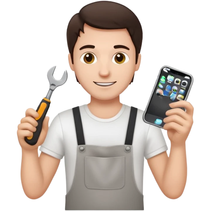 make a white guy with dark brown hair, with a simple white o grey shirt, repairing an iphone happy, tecnician with small tools emoji