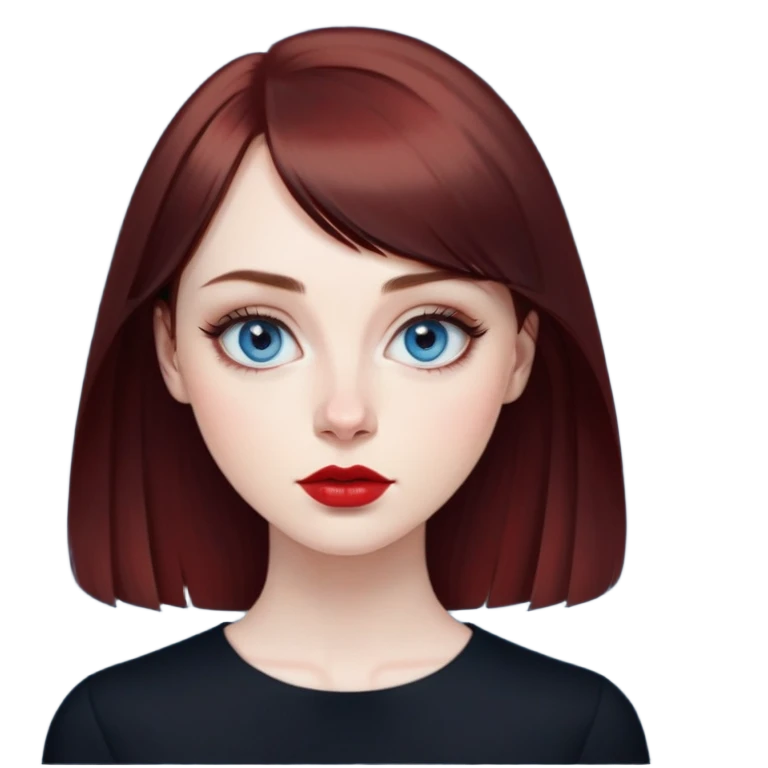 Artistic young woman with pale skin, oval face, large expressive blue eyes with eyeliner, thin arched eyebrows, small nose, full lips with red lipstick, dark auburn hair that's straight with slight waves at ends, straight bangs, wearing a black top, warm creative expression emoji