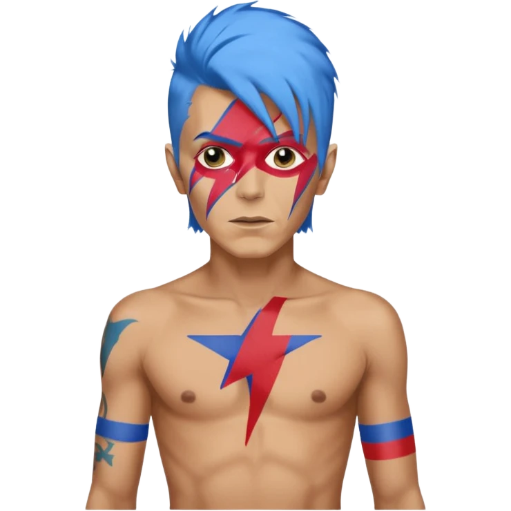 A male rockstar wearing Ebay brand colours and David Bowie face paint - showing more of his torso and blue hair emoji