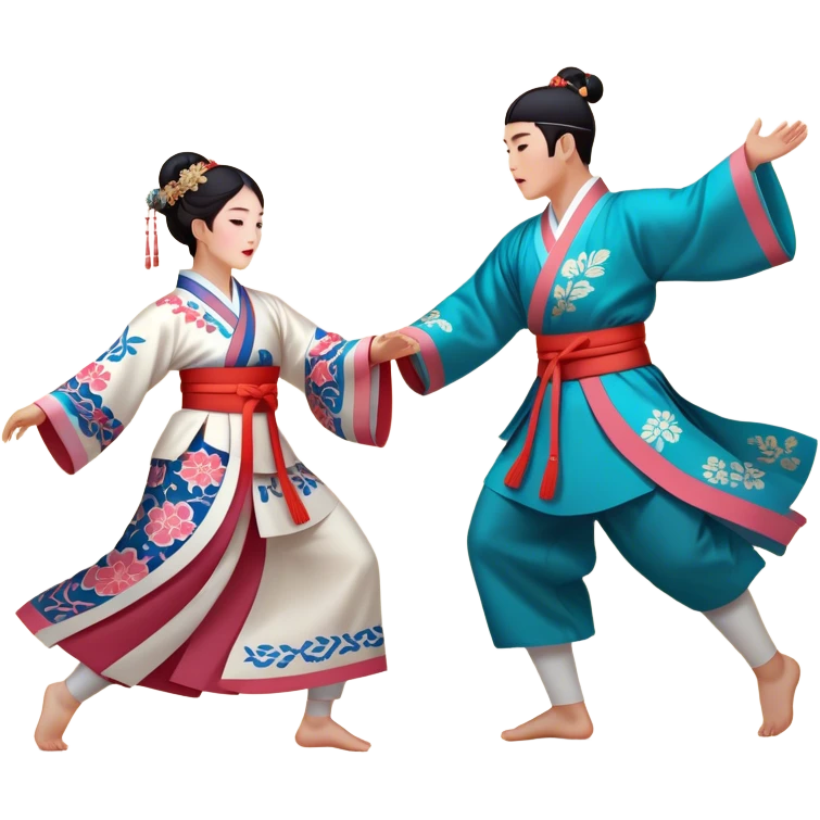 Cinematic Realistic scene of two performers engaging in Ganggangsullae, dressed in traditional Korean costumes with intricate patterns and graceful movements, illuminated by soft, festive lighting that accentuates the cultural ambiance emoji