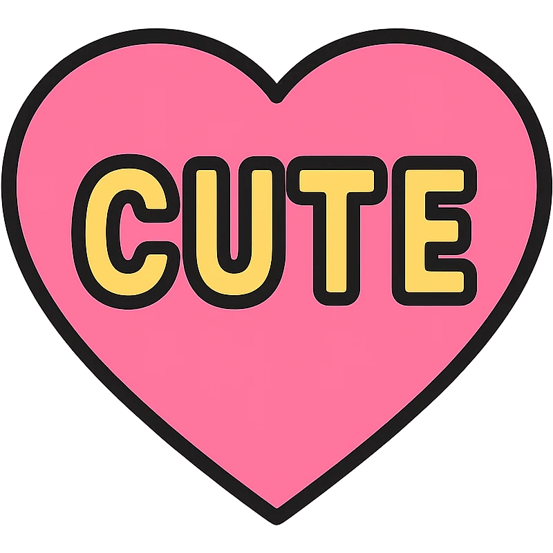 pink heart with the word CUTE in bold text, color outline icon style emoji