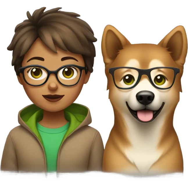 Brown light short hair Girl aux Green eyes with glasses Green eyes and eurasier dog  emoji