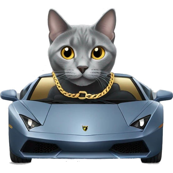Russian Blue cat wearing a gold Cuban chain driving a Lamborghini emoji