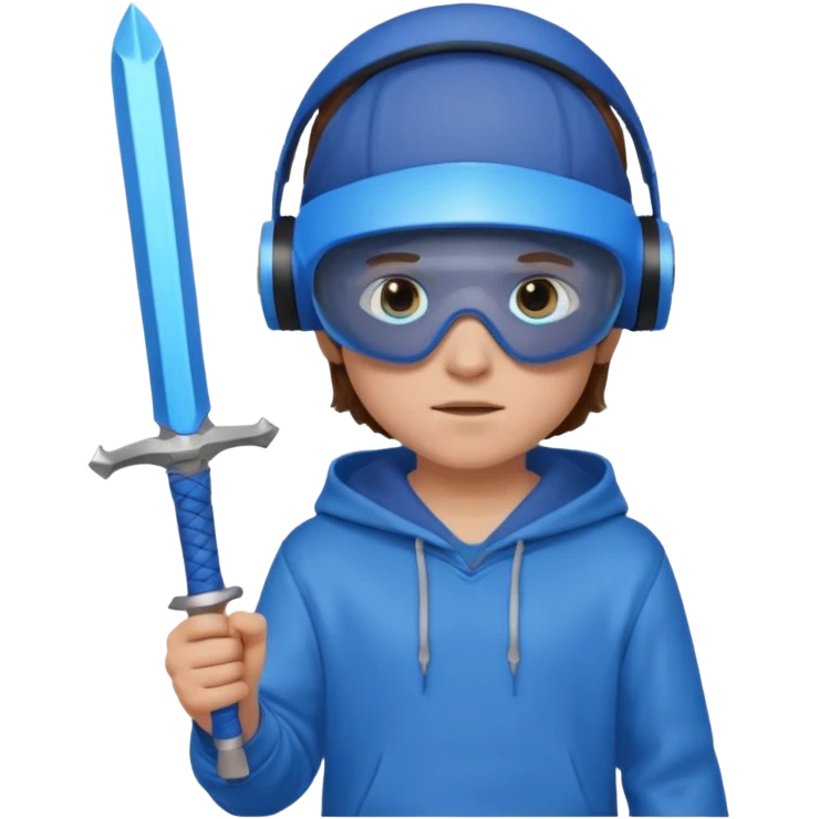a boy with brown hair, a blue vr headset. a blue hoodie and a blue sword and remove the cap emoji