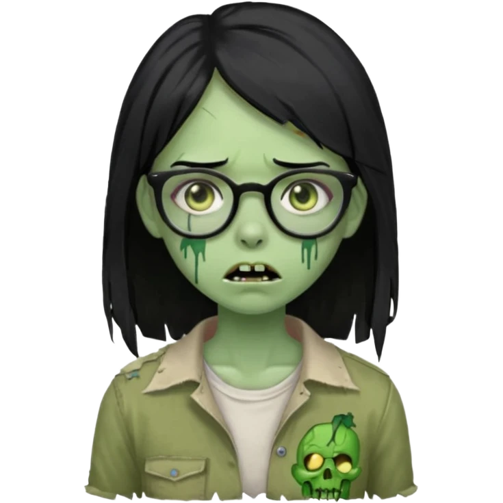 garota zumbi verde com o cabelo preto liso abaixo do ombro, que use óculos emoji