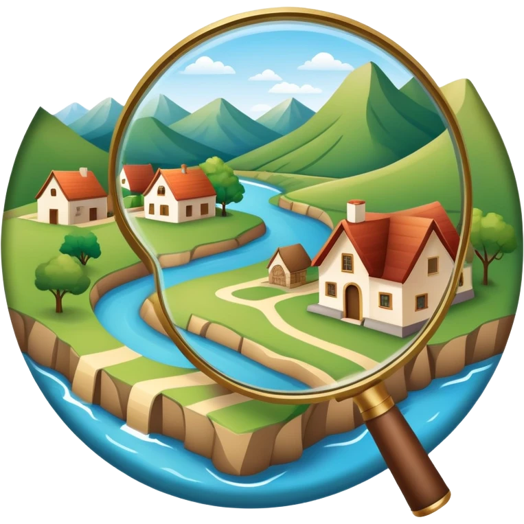 An icon featuring a magnifying glass over a local map, with a small village, traditional house, and natural landmarks like a river and hill, symbolizing local history and geography. Transparent background highlights the study of native land, culture, and heritage. emoji
