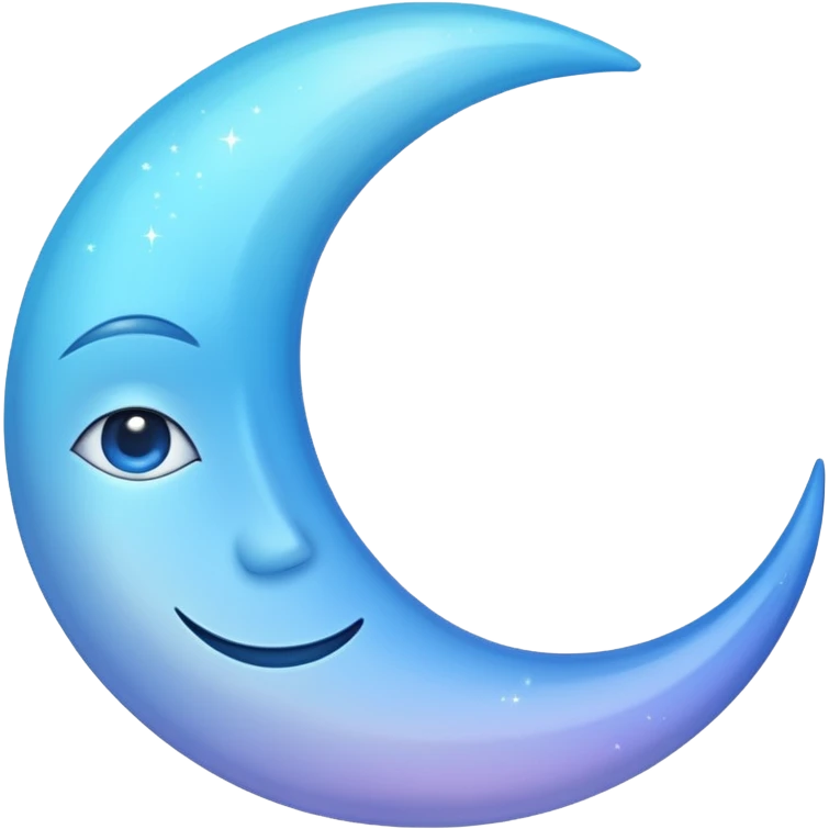 sparkly glossy pastel blue-gradient crescent moon with a subtle face emoji