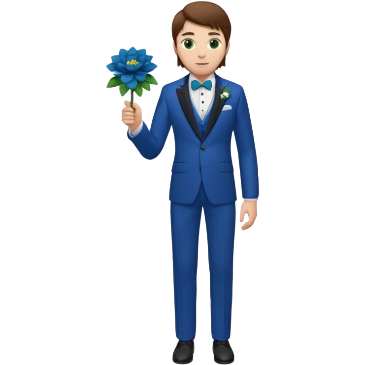 Chico blanco, pelo castaño, ojos verdes, traje boda azul y flor solapa , cuerpo entero emoji