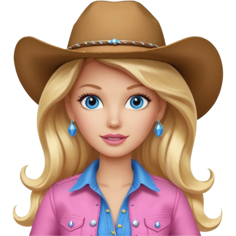 Cowgirl barbie in a pink outfit with cowboy hat with long blonde hair and blue eyes emoji