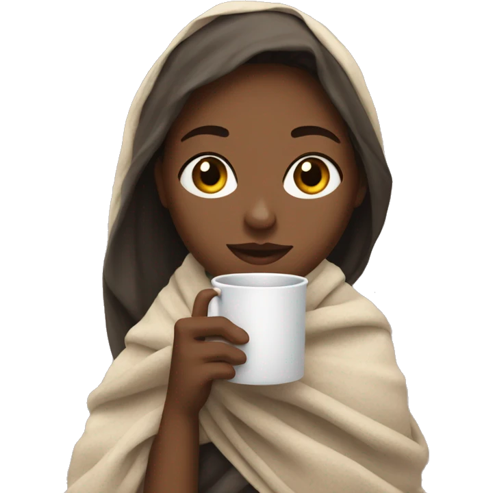 A girl holding a tea cup and wrapped with a blanket emoji