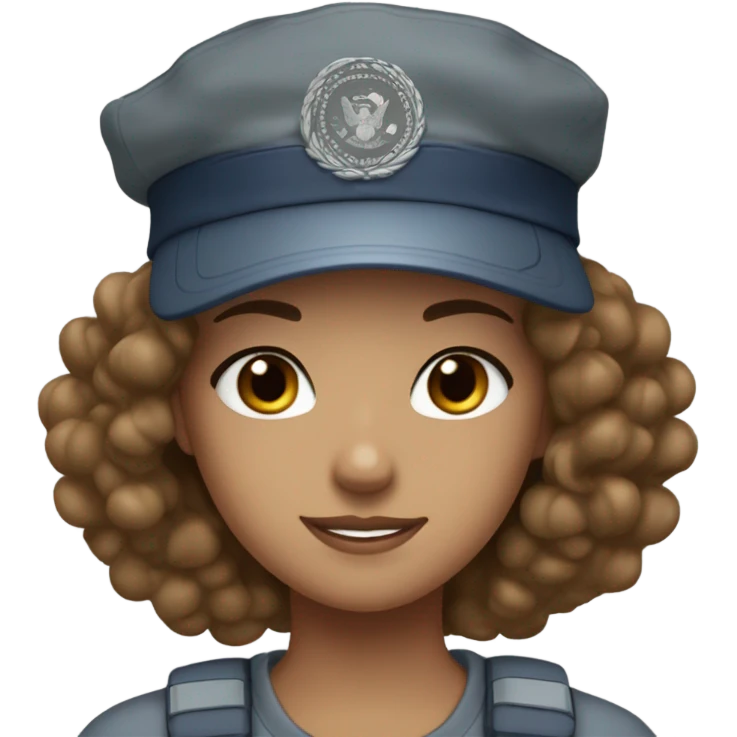 Tumblr girl with curly brown hair tan skin blue eyes military stamp cap and grey shirt emoji