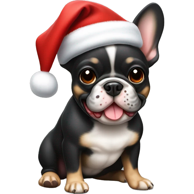 A small, black-and-tan French bulldog with a mostly black face and tan paws, wearing a classic red and white Santa hat, sitting happily with its tongue slightly out. emoji