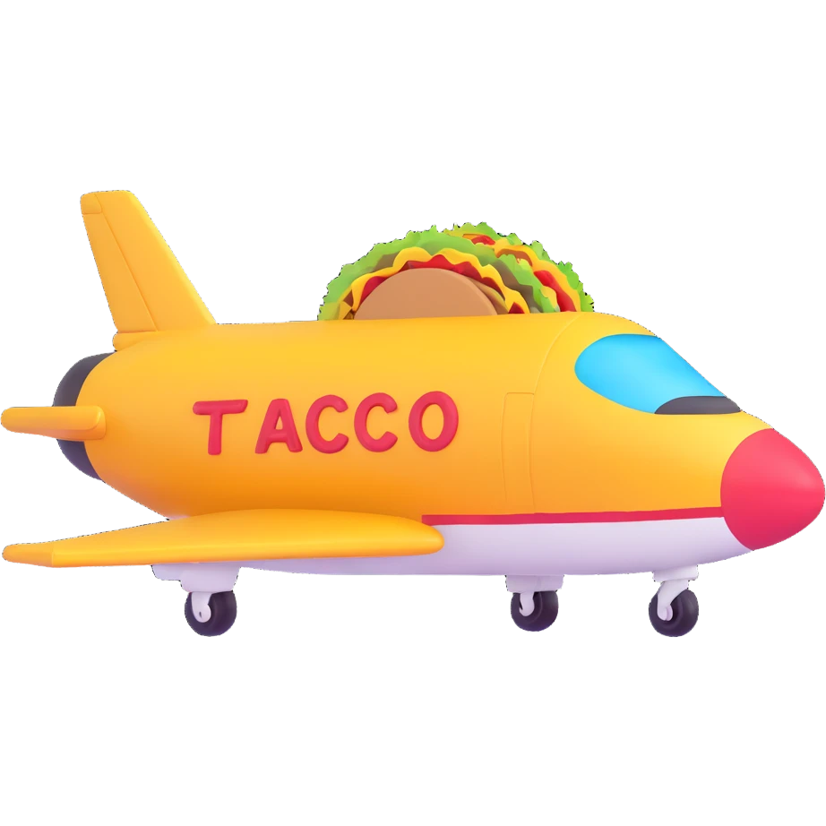 cartoonish Top Gun jet with a taco emoji as cargo, vibrant and whimsical emoji