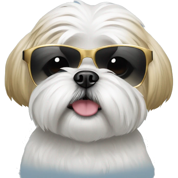 White shihtzu wearing sunglasses with gold rim emoji