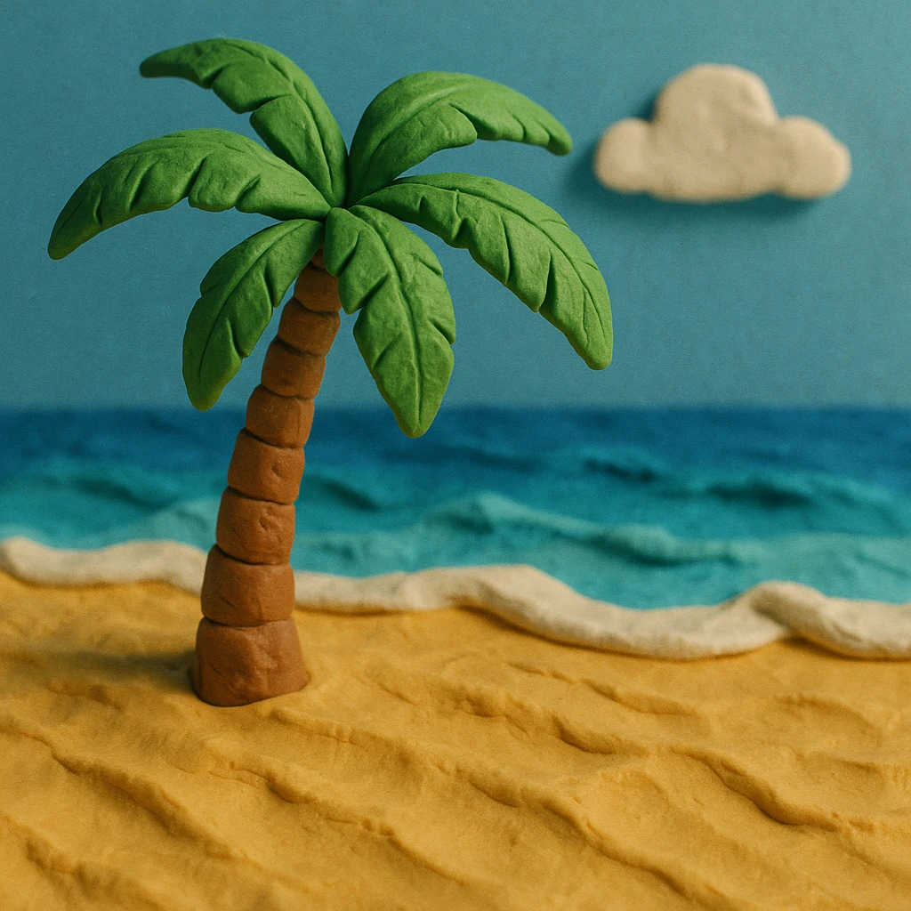 beach with textured sand and palm tree in claymation style emoji