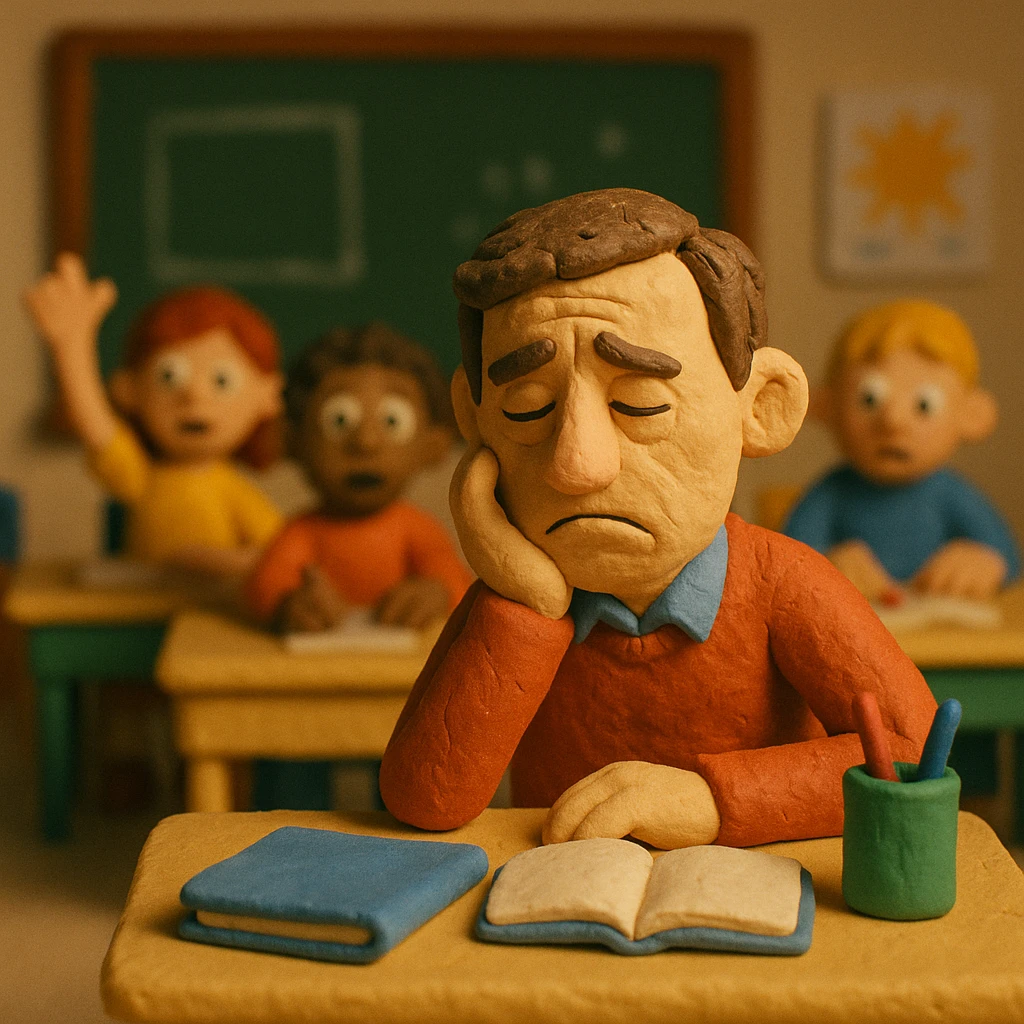 exhausted teacher in a bustling classroom emoji