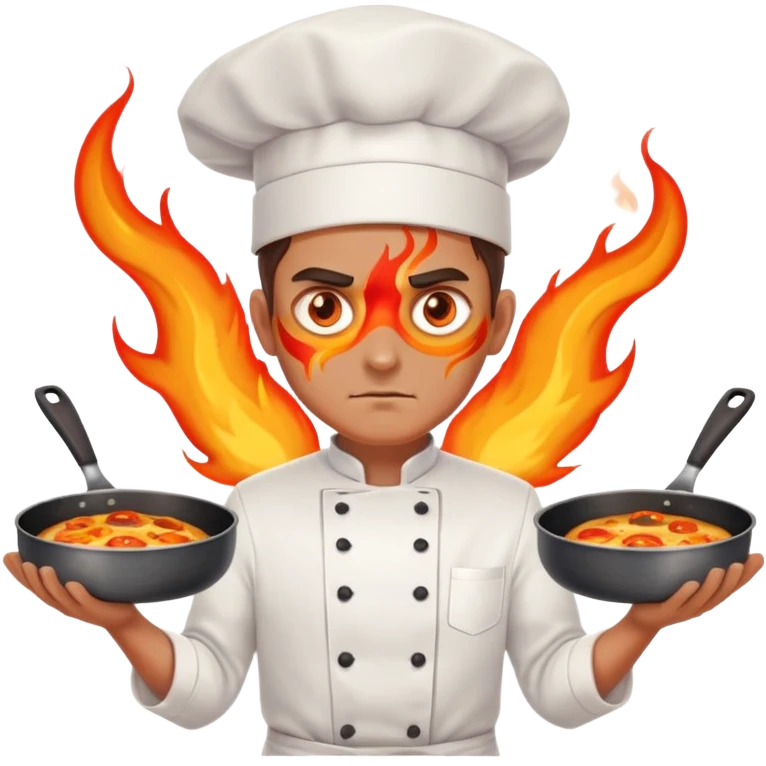 chef with intense flame eyes, crossing pans across chest in X formation emoji