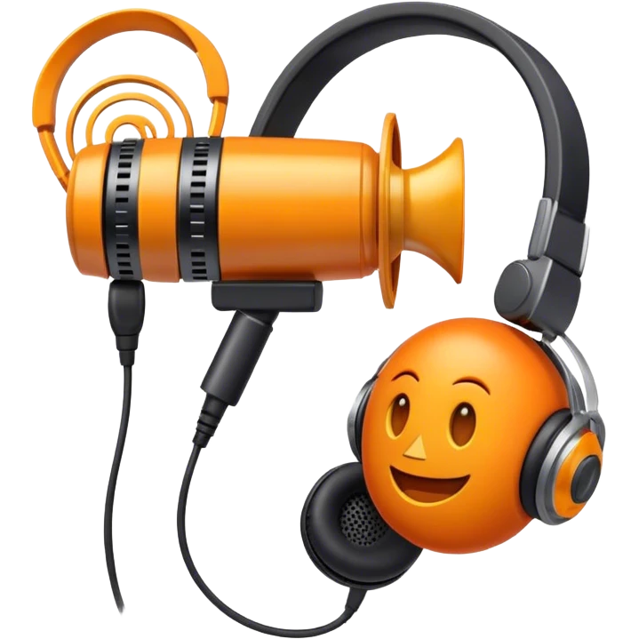 Create a dynamic and creative emoji that represents voiceover and dubbing. The design should feature a microphone, a pair of studio headphones, and sound waveforms to symbolize the recording and manipulation of voice. Add subtle details like a film reel or a speech bubble to represent the dubbing aspect. Use vibrant colors like orange, red, or purple to evoke energy and creativity in voiceover work. The background should be transparent. emoji