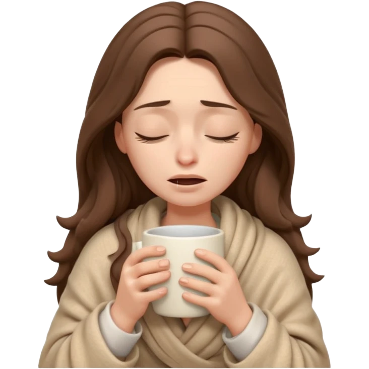 emoji-style illustration of a crying relaxed woman with long wavy brown hair, wrapped in a cozy beige blanket, holding a mug cup, eyes closed, sad and a bit anxious expression, soft 3D cartoon rendering, warm and comforting mood, plain background
 emoji
