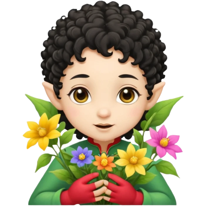baby elf black curly hair with pointy ears, hold flowers emoji