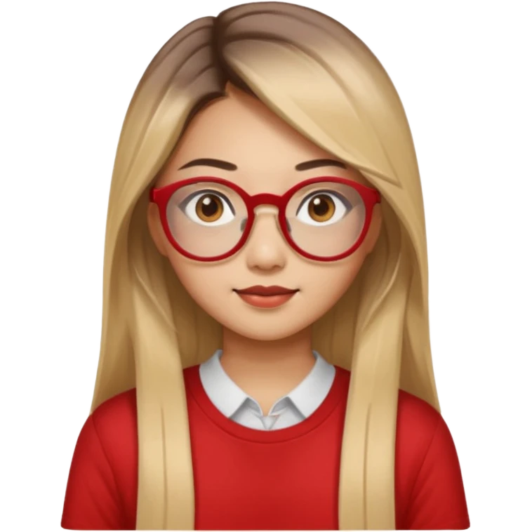 20 yr old asian woman, straight thick long brown hair, blond at ends of hair, center part to hair, big red glasses, brown eyes, casual shirt emoji