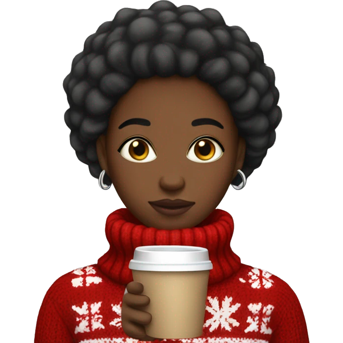 A black girl with straight hair wearing a puffer,underneath a Christmas jumper,holding coffee and  emoji